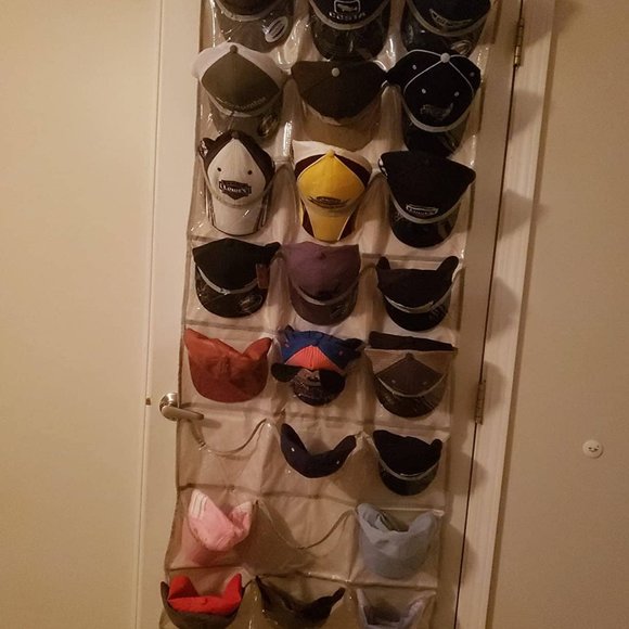 24 Deep Pockets, Hat Organizer, Hat Rack, Wall Door with 3 Hooks, White - Picture 2 of 7